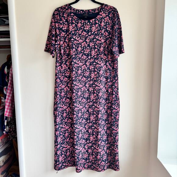 J. Jill Wearever Collection Floral Shift Dress Navy Blue Pink Short Sleeve Sz MT - Picture 1 of 6